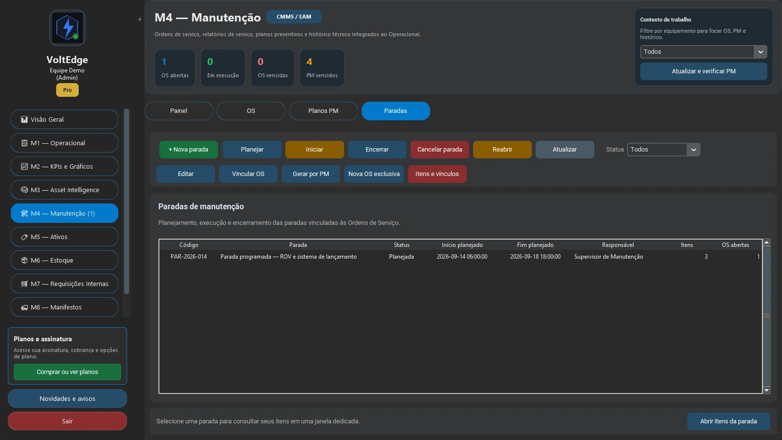 VoltEdge V1.5.5 na aba Paradas de Manutenção com janela planejada e Ordens de Serviço vinculadas